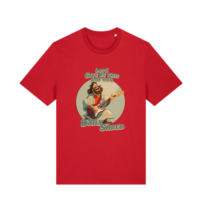 red funny t-shirt with the graphic of jesus playing a guitar