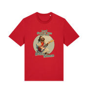 red funny t-shirt with the graphic of jesus playing a guitar