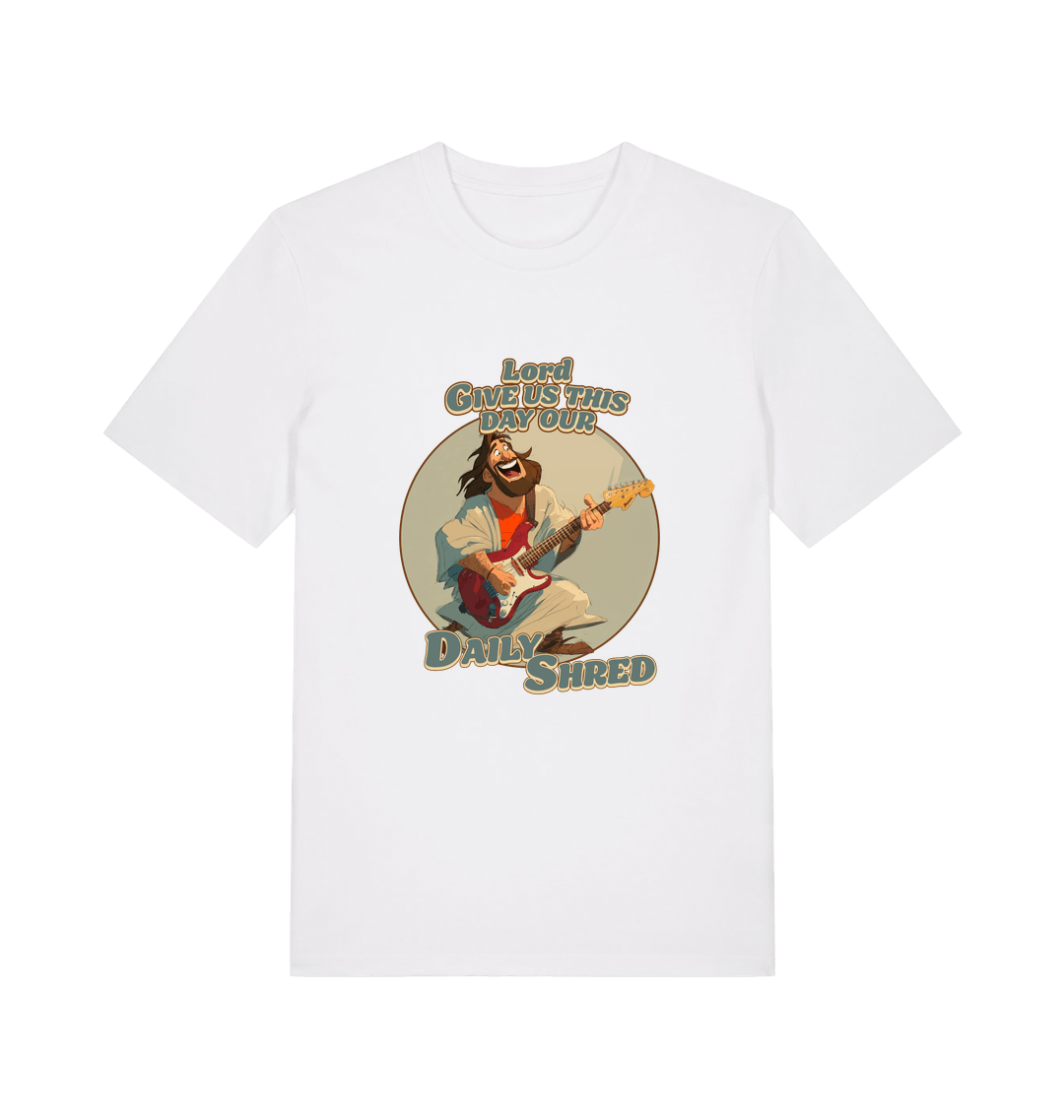 white funny t-shirt with the graphic of jesus playing a guitar