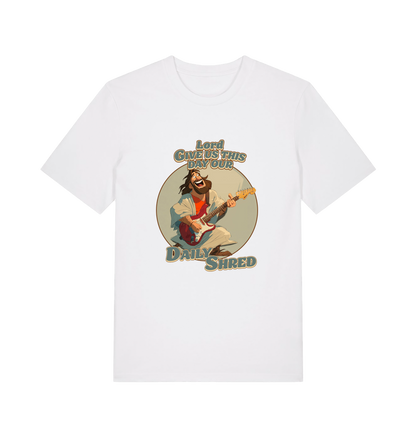 white funny t-shirt with the graphic of jesus playing a guitar