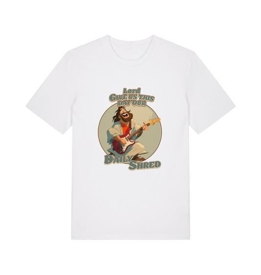 white funny t-shirt with the graphic of jesus playing a guitar
