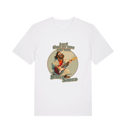 white funny t-shirt with the graphic of jesus playing a guitar