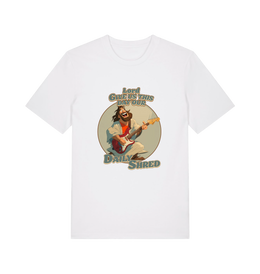 white funny t-shirt with the graphic of jesus playing a guitar