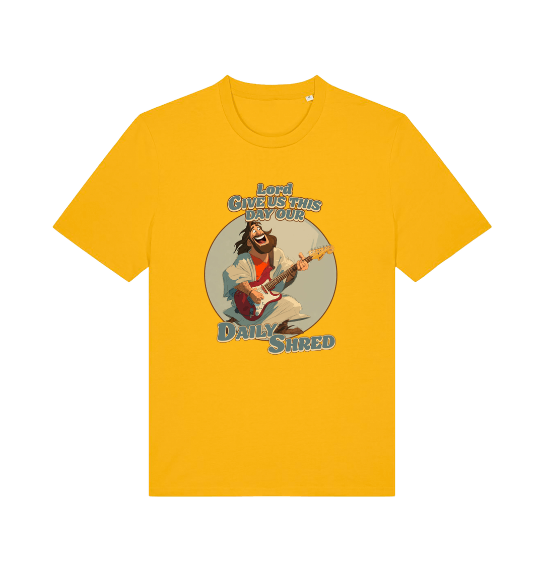 yellow funny t-shirt with the graphic of jesus playing a guitar