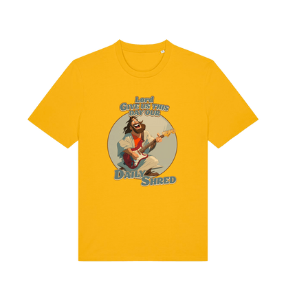 yellow funny t-shirt with the graphic of jesus playing a guitar