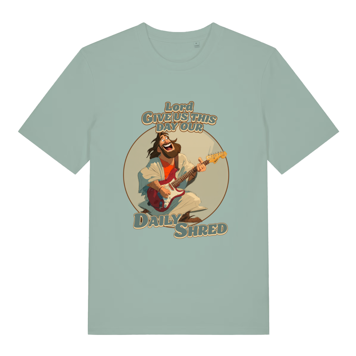 Aloe women's Daily Shred T-shirt flat lay with Jesus playing electric guitar "Lord Give Us This Day Our Daily Shred" graphic