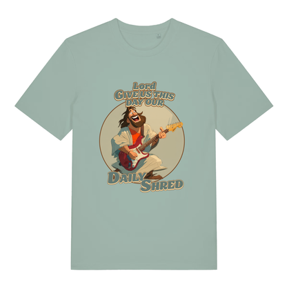 Aloe women's Daily Shred T-shirt flat lay with Jesus playing electric guitar "Lord Give Us This Day Our Daily Shred" graphic