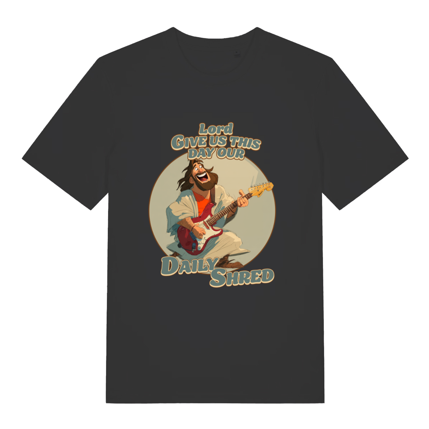 Black women's Daily Shred T-shirt flat lay featuring funny Jesus shredding guitar design