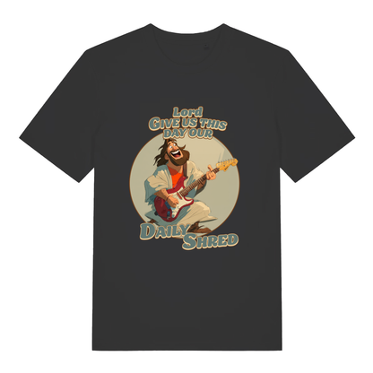 Black women's Daily Shred T-shirt flat lay featuring funny Jesus shredding guitar design