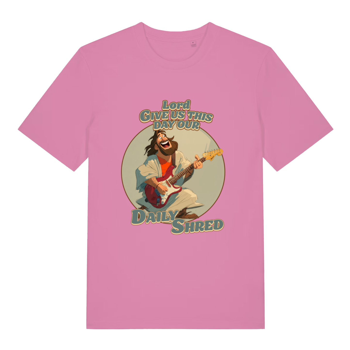 Bubble Pink women's Daily Shred T-shirt flat lay showing rock Jesus daily shred illustration