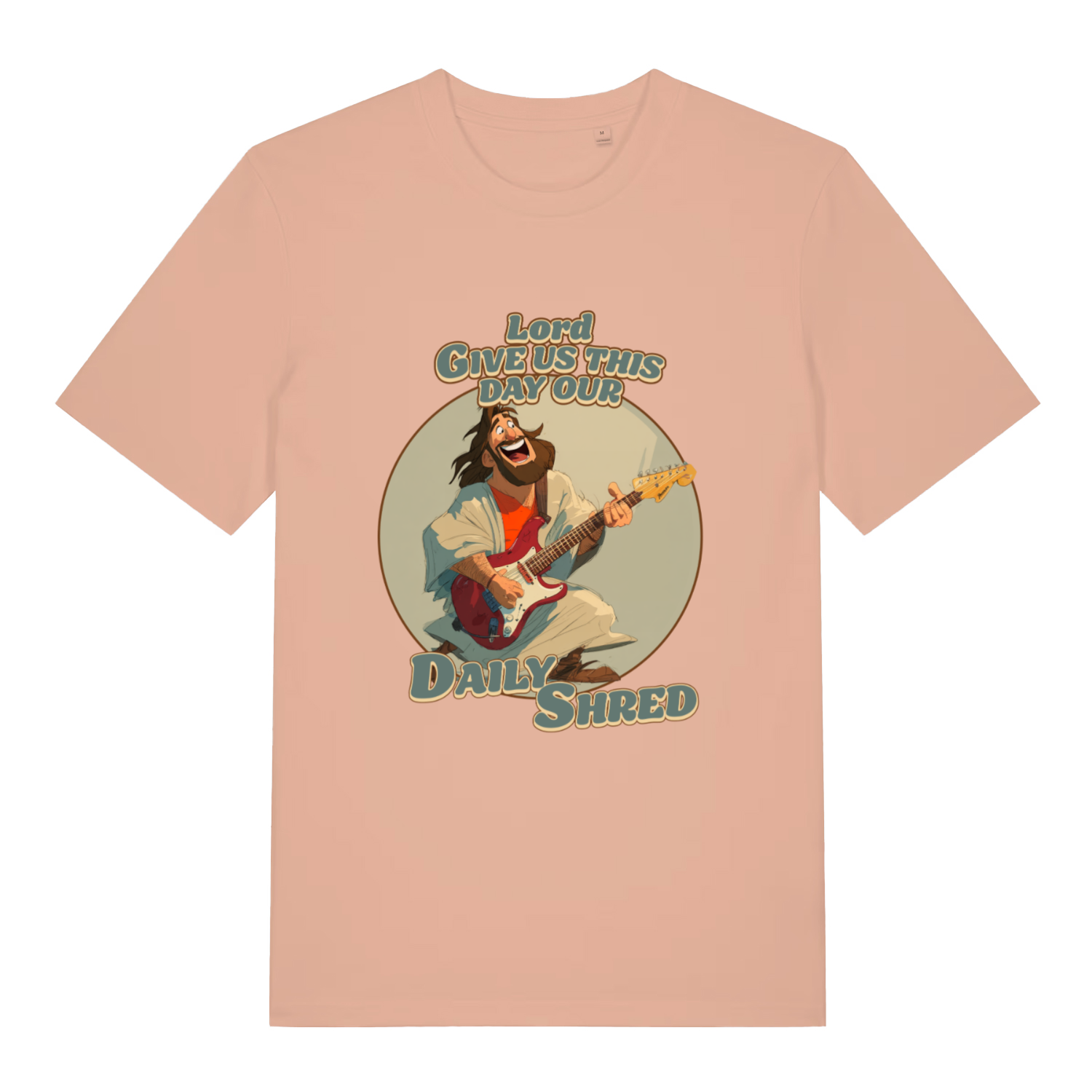 Fraîche Pêche women's Daily Shred T-shirt flat lay with vibrant Jesus guitar pun graphic