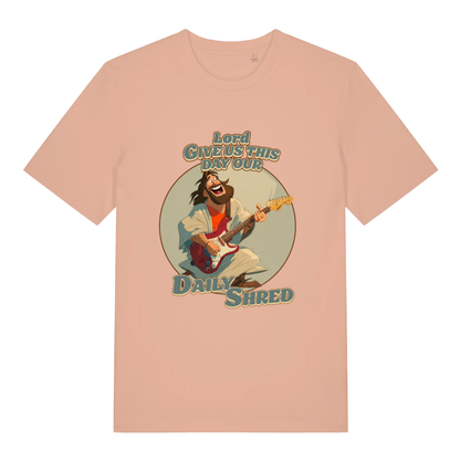 Fraîche Pêche women's Daily Shred T-shirt flat lay with vibrant Jesus guitar pun graphic