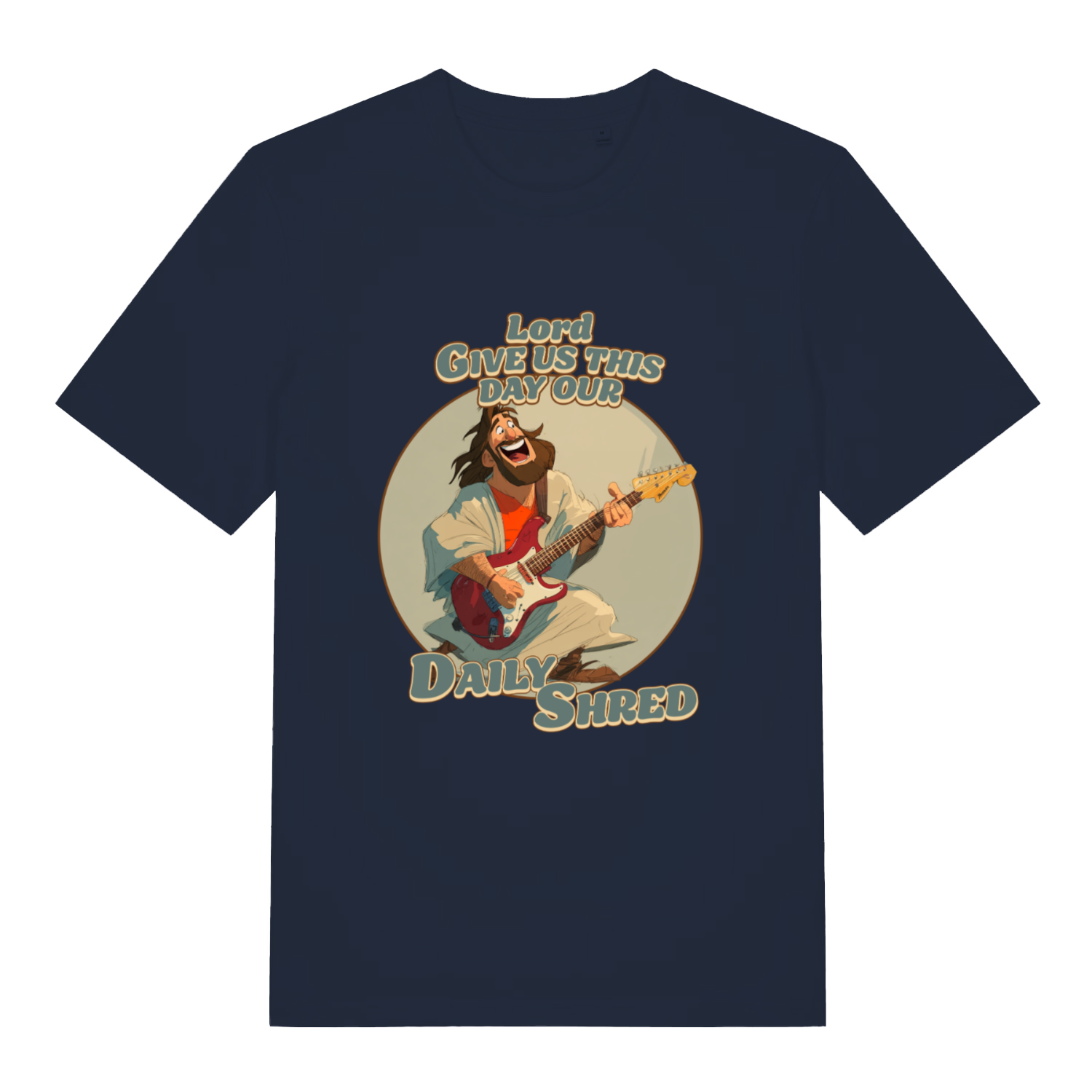 French Navy women's Daily Shred T-shirt flat lay displaying "Lord Give Us This Day Our Daily Shred" design