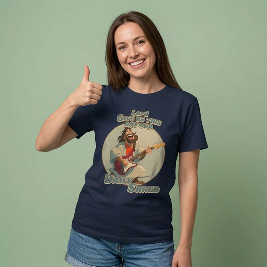 Woman in french navy Daily Shred tee, witty hilarious jesus graphic gift