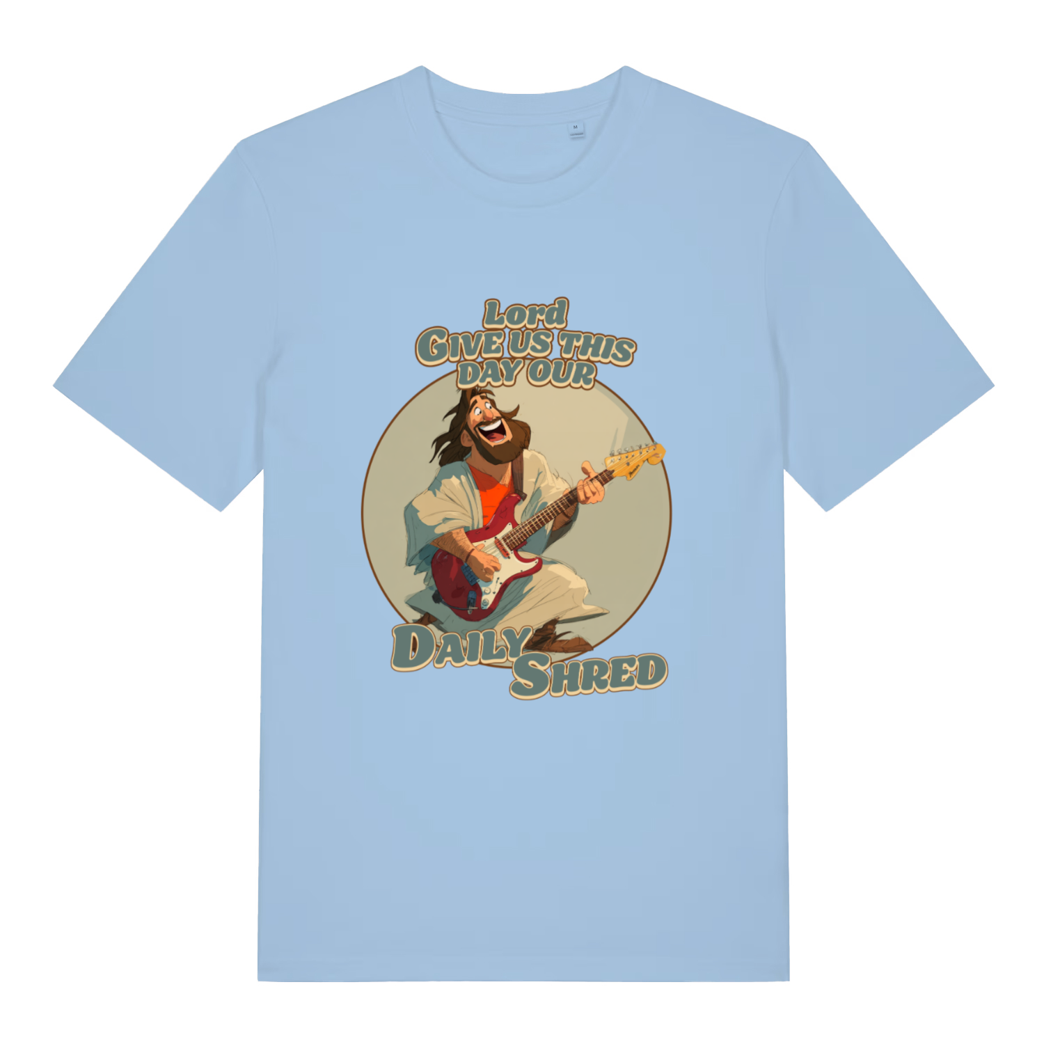 Light Blue women's Daily Shred T-shirt flat lay with clean Jesus electric guitar rock graphic