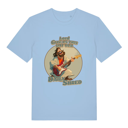 Light Blue women's Daily Shred T-shirt flat lay with clean Jesus electric guitar rock graphic