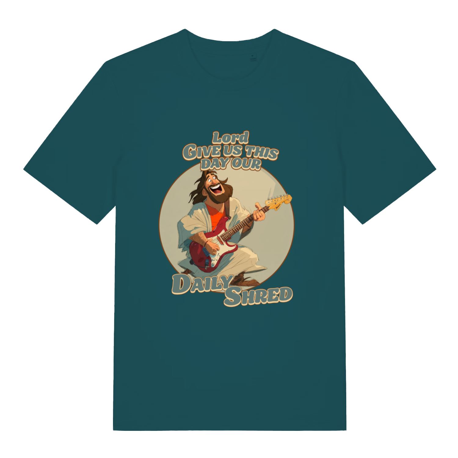 Stargazer women's Daily Shred T-shirt flat lay featuring Jesus shredding guitar illustration