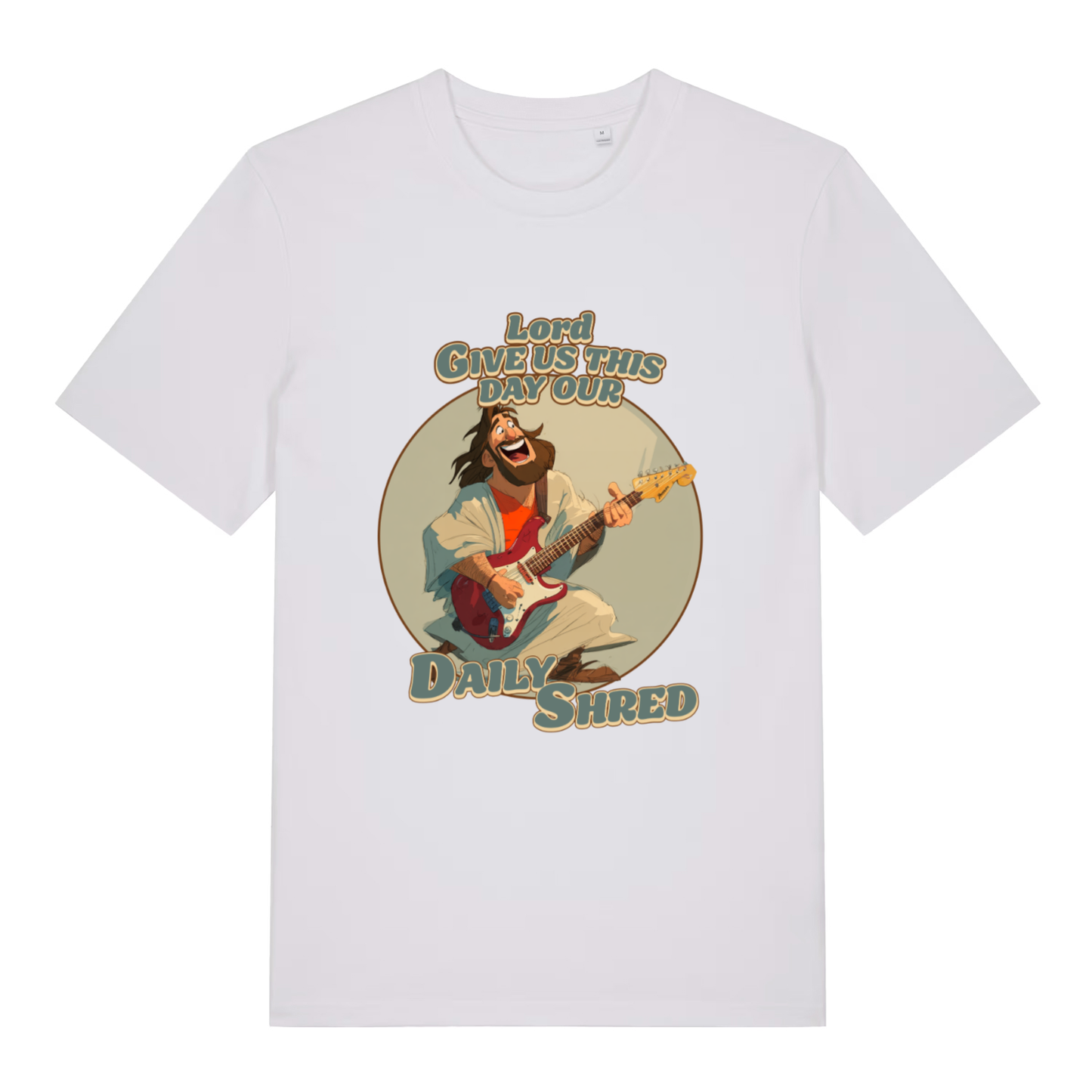 White women's Daily Shred T-shirt flat lay showing bold Jesus daily shred graphic