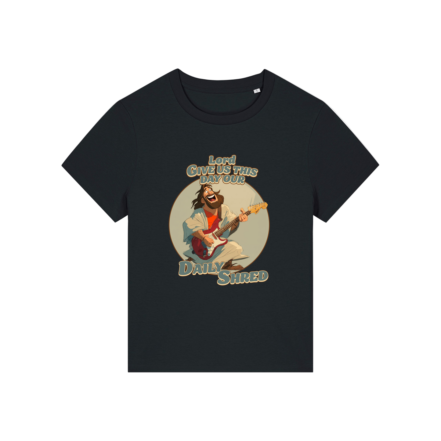 black funny jesus t-shirt with the graphic of jesus playing a guitar and the slogan 'lord give us this day our daily shred'