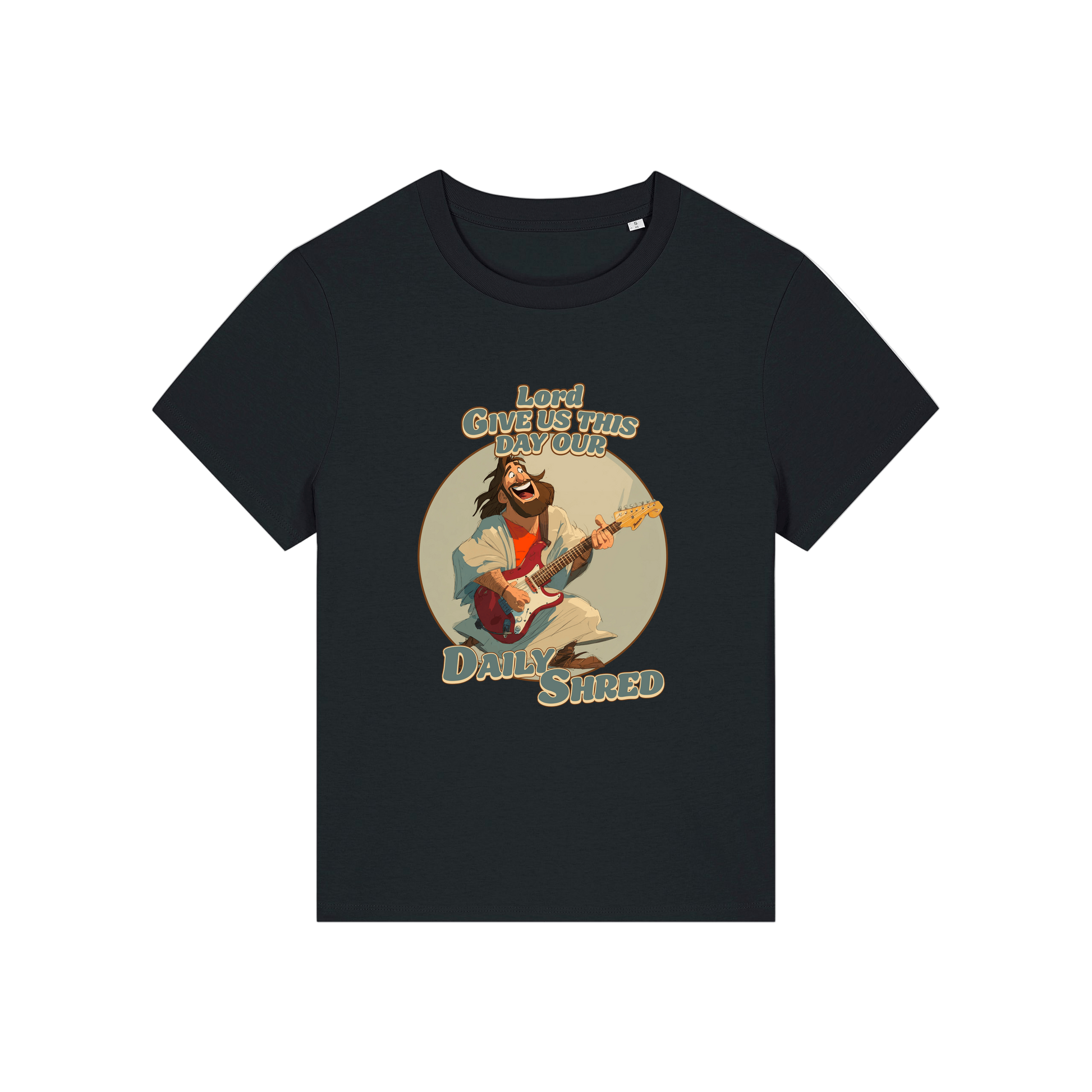 black funny jesus t-shirt with the graphic of jesus playing a guitar and the slogan 'lord give us this day our daily shred'