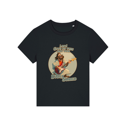 black funny jesus t-shirt with the graphic of jesus playing a guitar and the slogan 'lord give us this day our daily shred'