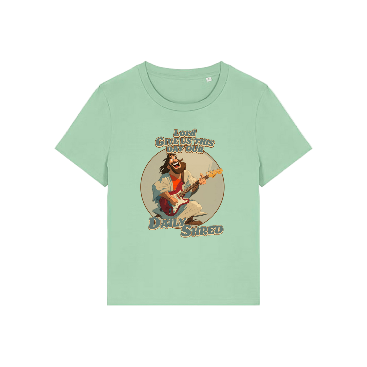 green funny jesus t-shirt with the graphic of jesus playing a guitar and the slogan 'lord give us this day our daily shred'