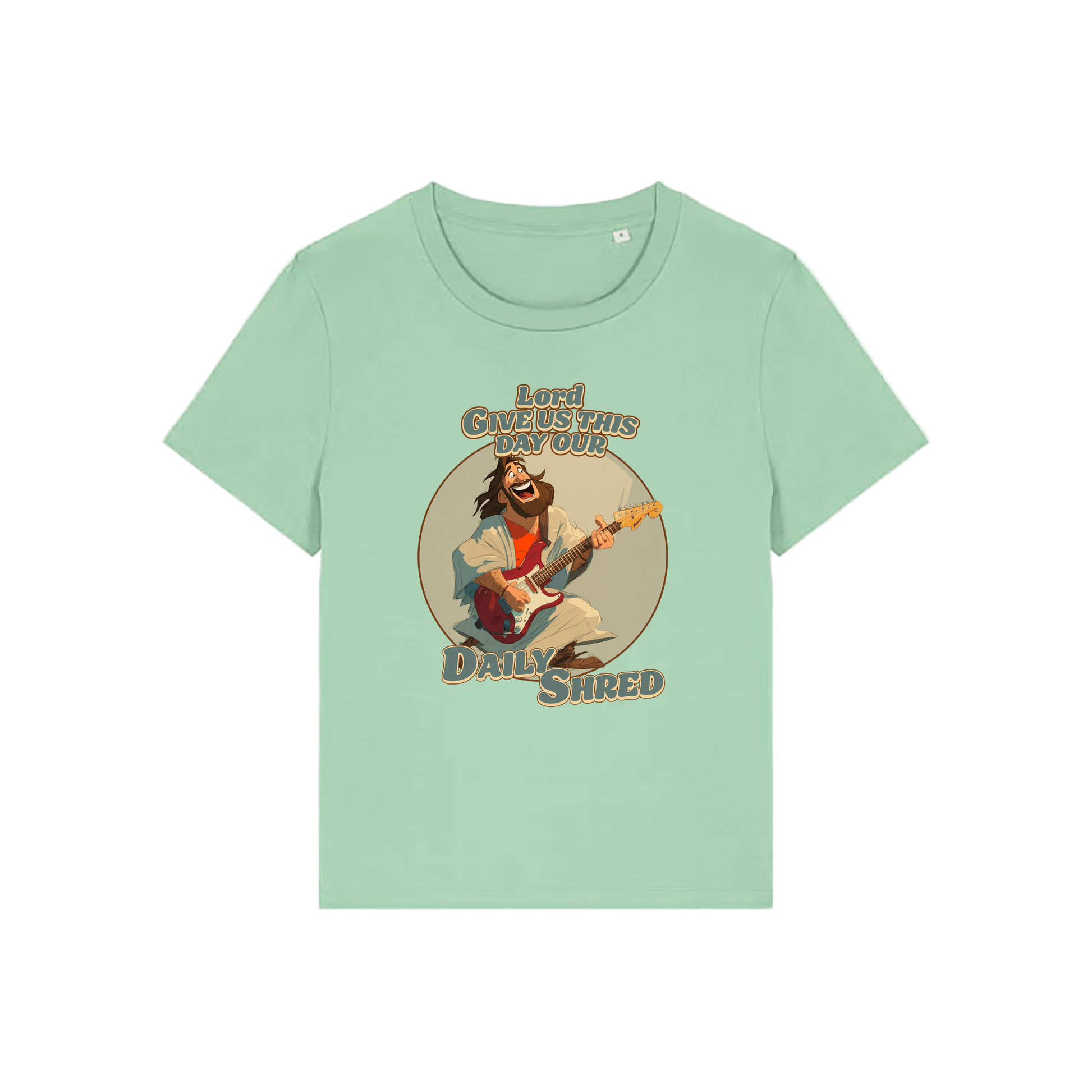green funny jesus t-shirt with the graphic of jesus playing a guitar and the slogan 'lord give us this day our daily shred'