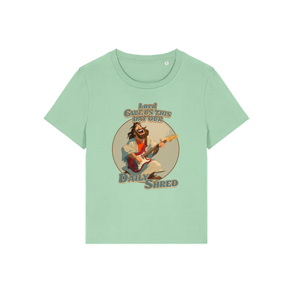 green funny jesus t-shirt with the graphic of jesus playing a guitar and the slogan 'lord give us this day our daily shred'