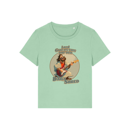green funny jesus t-shirt with the graphic of jesus playing a guitar and the slogan 'lord give us this day our daily shred'