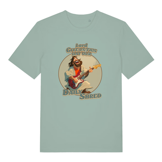 green women's funny jesus t-shirt with the graphic of jesus playing a guitar and the slogan 'lord give us this day our daily shred'