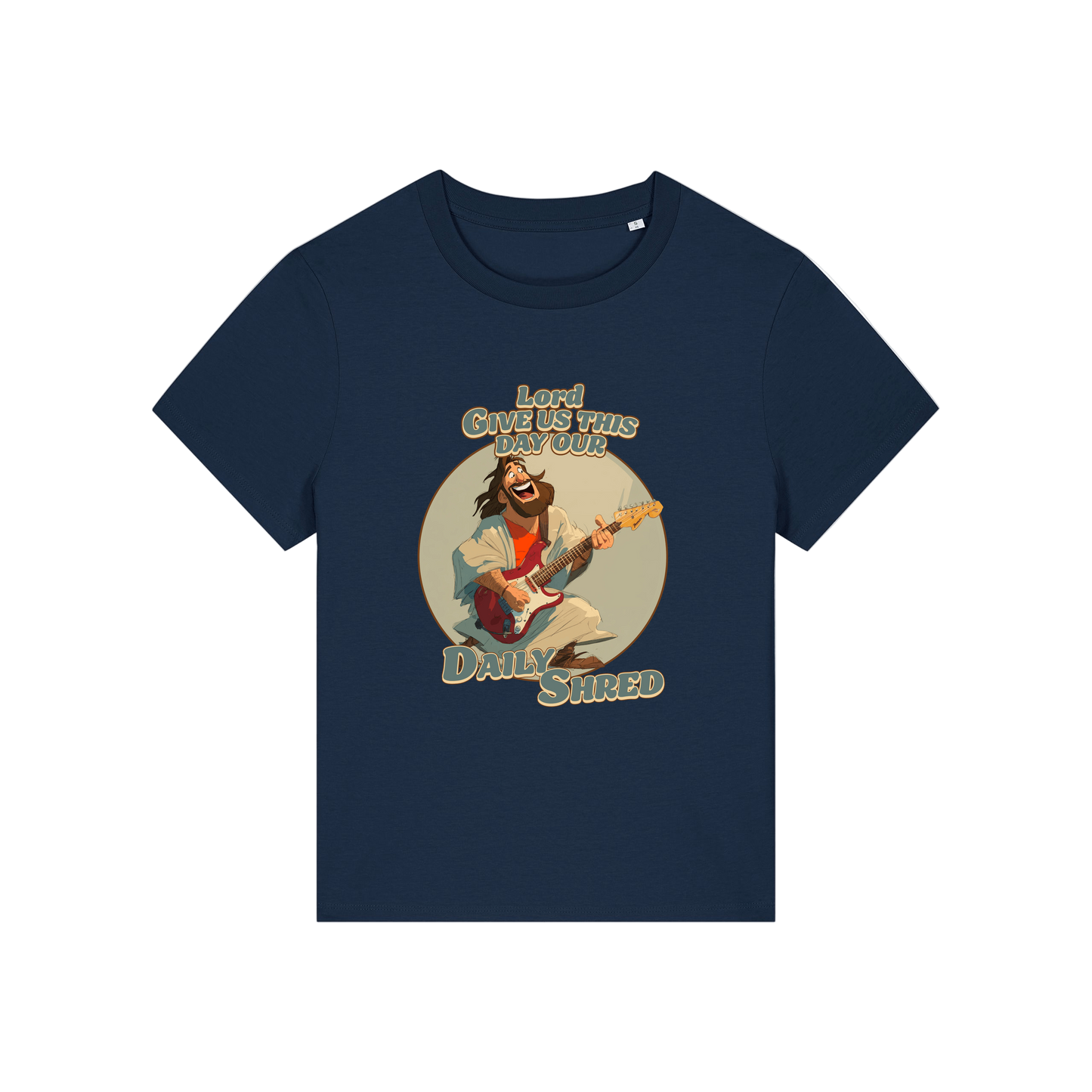 navy funny jesus t-shirt with the graphic of jesus playing a guitar and the slogan 'lord give us this day our daily shred'