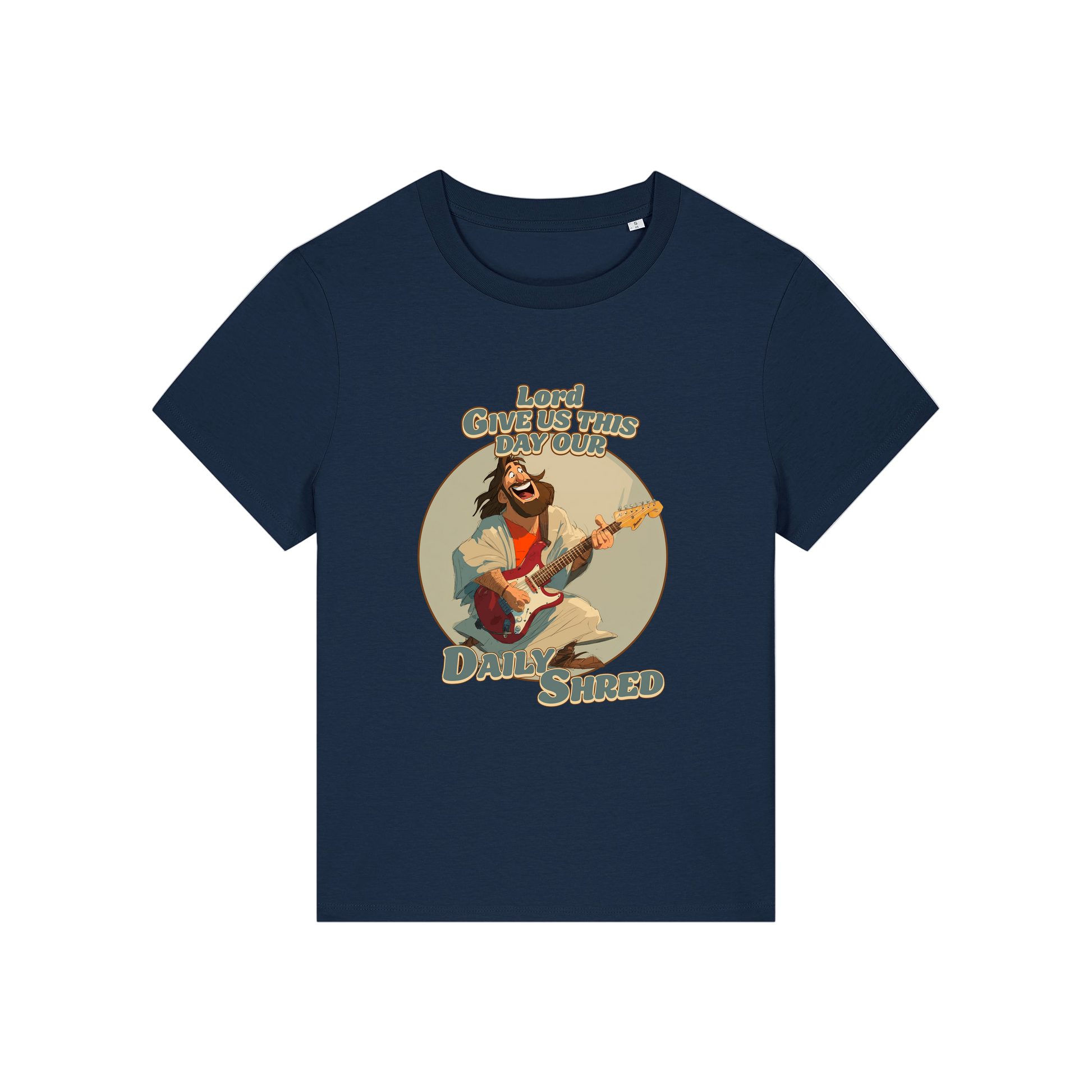 navy funny jesus t-shirt with the graphic of jesus playing a guitar and the slogan 'lord give us this day our daily shred'
