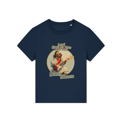 navy funny jesus t-shirt with the graphic of jesus playing a guitar and the slogan 'lord give us this day our daily shred'