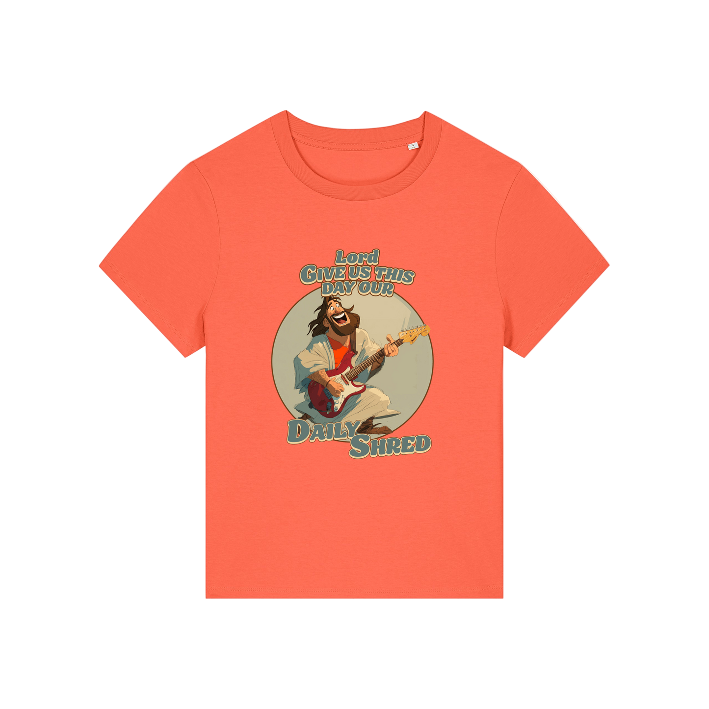 orange funny jesus t-shirt with the graphic of jesus playing a guitar and the slogan 'lord give us this day our daily shred'