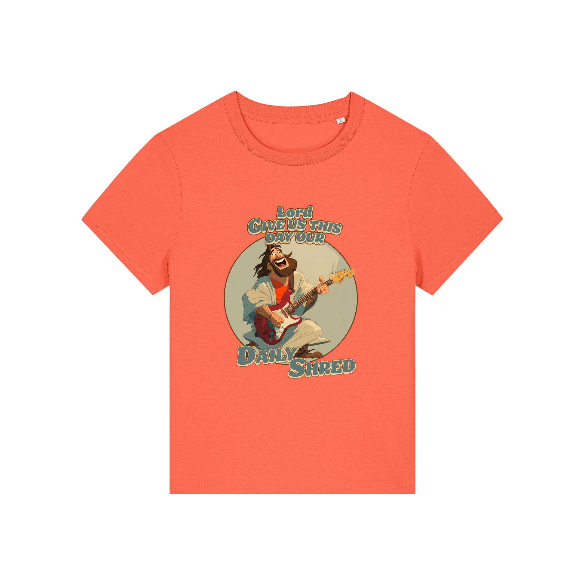 orange funny jesus t-shirt with the graphic of jesus playing a guitar and the slogan 'lord give us this day our daily shred'