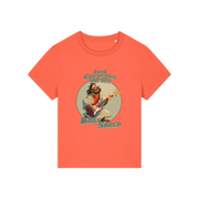 orange funny jesus t-shirt with the graphic of jesus playing a guitar and the slogan 'lord give us this day our daily shred'
