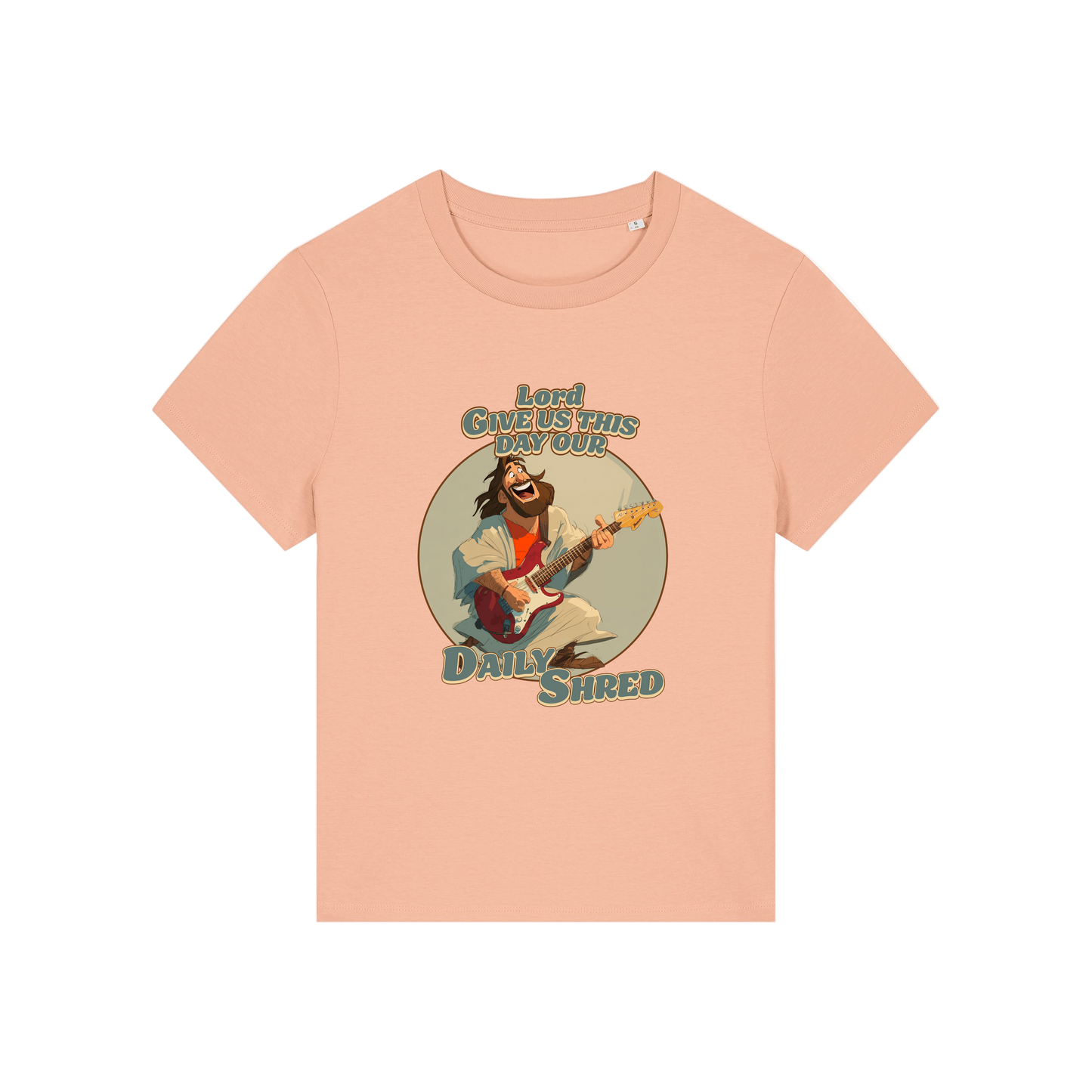 peach funny jesus t-shirt with the graphic of jesus playing a guitar and the slogan 'lord give us this day our daily shred'
