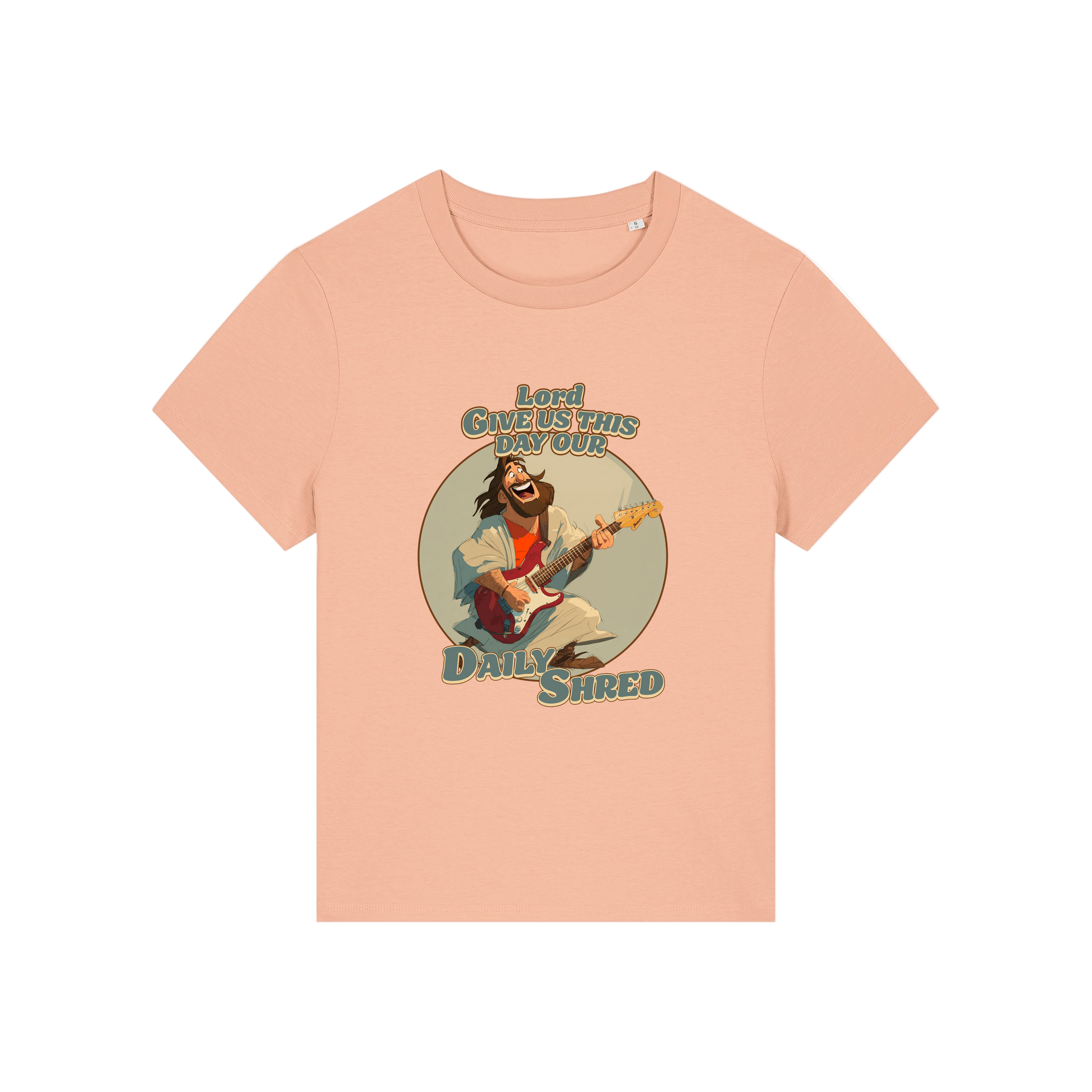 peach funny jesus t-shirt with the graphic of jesus playing a guitar and the slogan 'lord give us this day our daily shred'