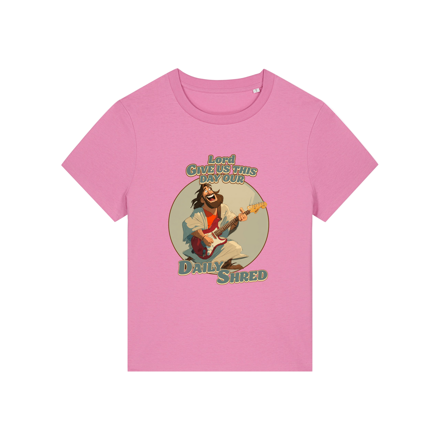 pink funny jesus t-shirt with the graphic of jesus playing a guitar and the slogan 'lord give us this day our daily shred'