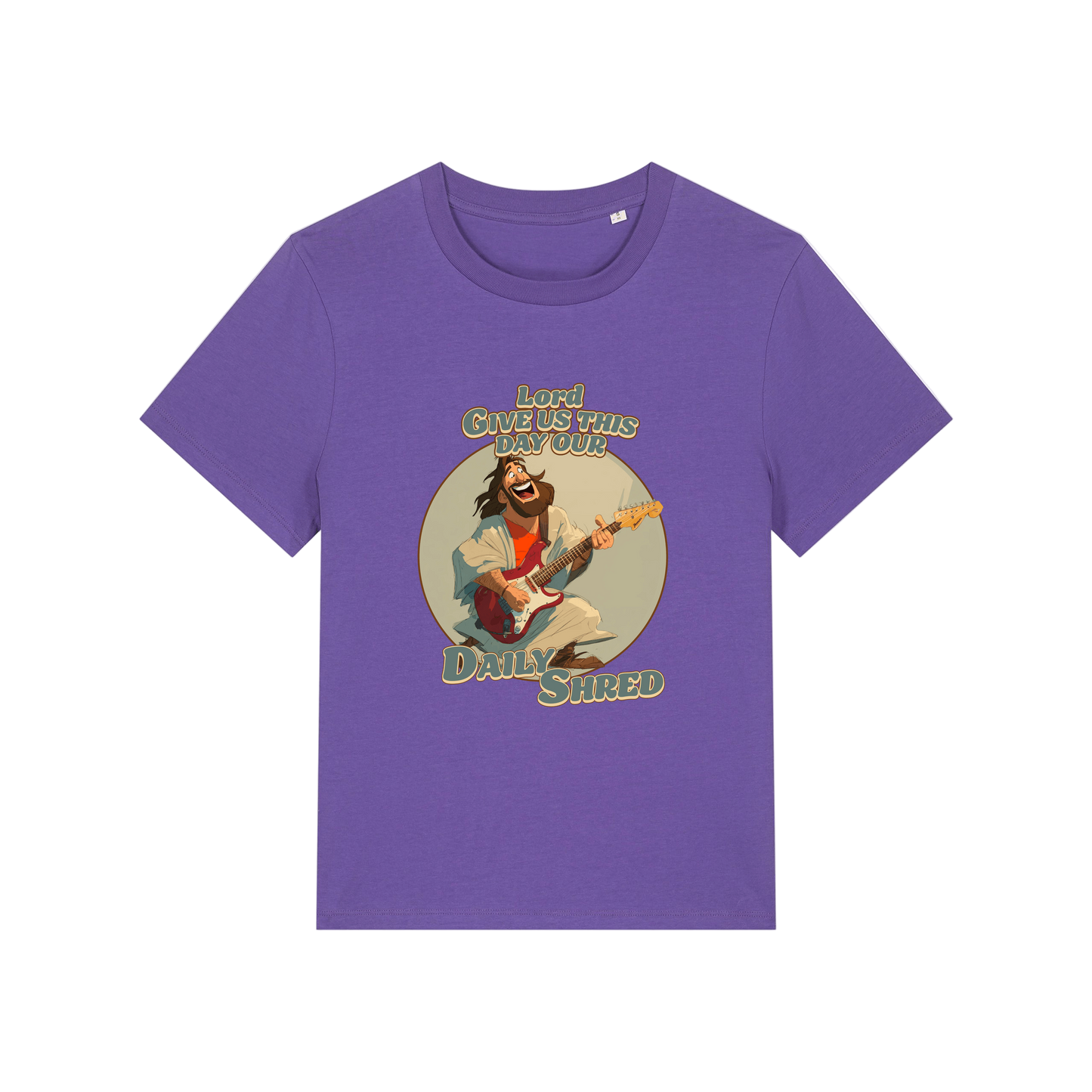purple funny jesus t-shirt with the graphic of jesus playing a guitar and the slogan 'lord give us this day our daily shred'