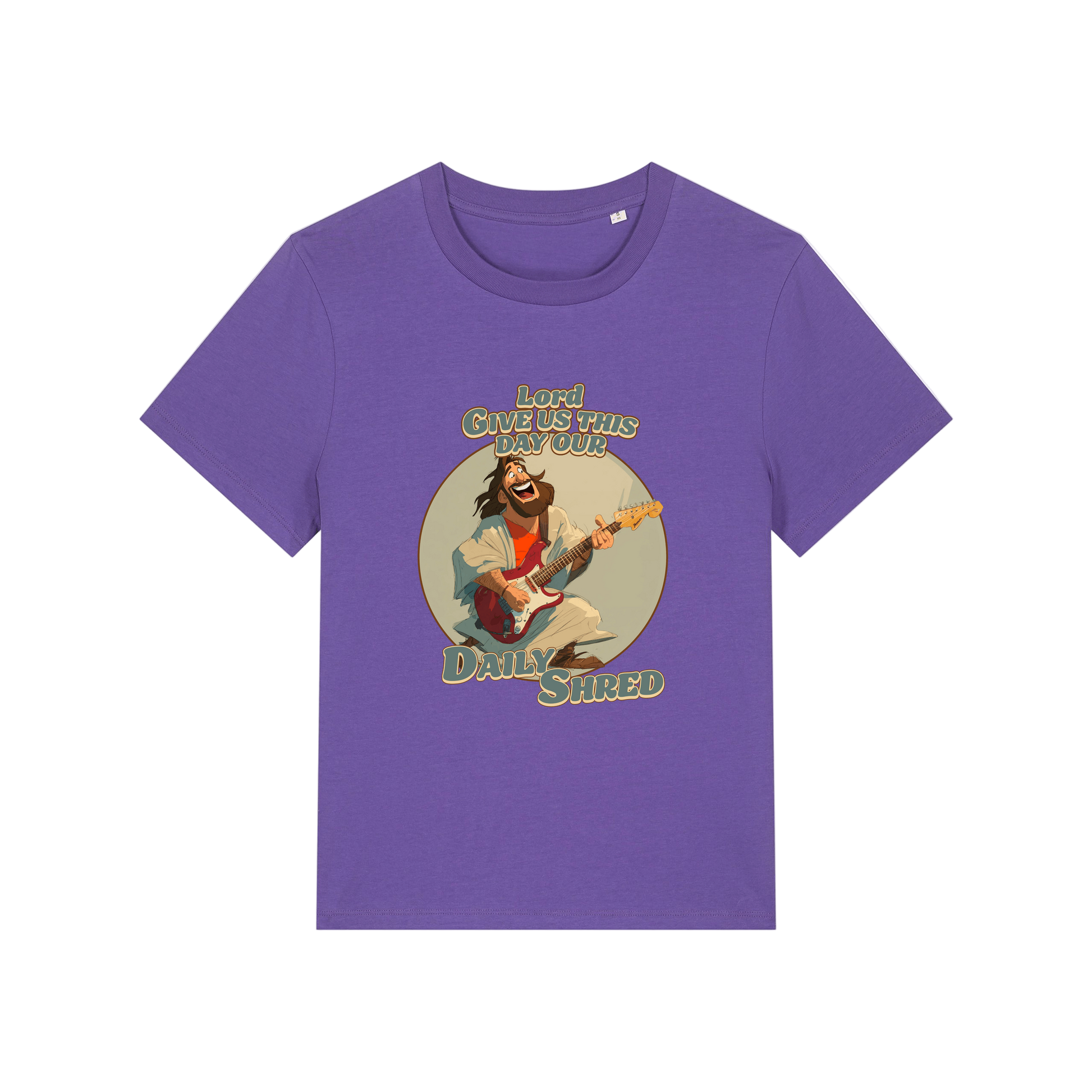 purple funny jesus t-shirt with the graphic of jesus playing a guitar and the slogan 'lord give us this day our daily shred'