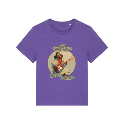 purple funny jesus t-shirt with the graphic of jesus playing a guitar and the slogan 'lord give us this day our daily shred'