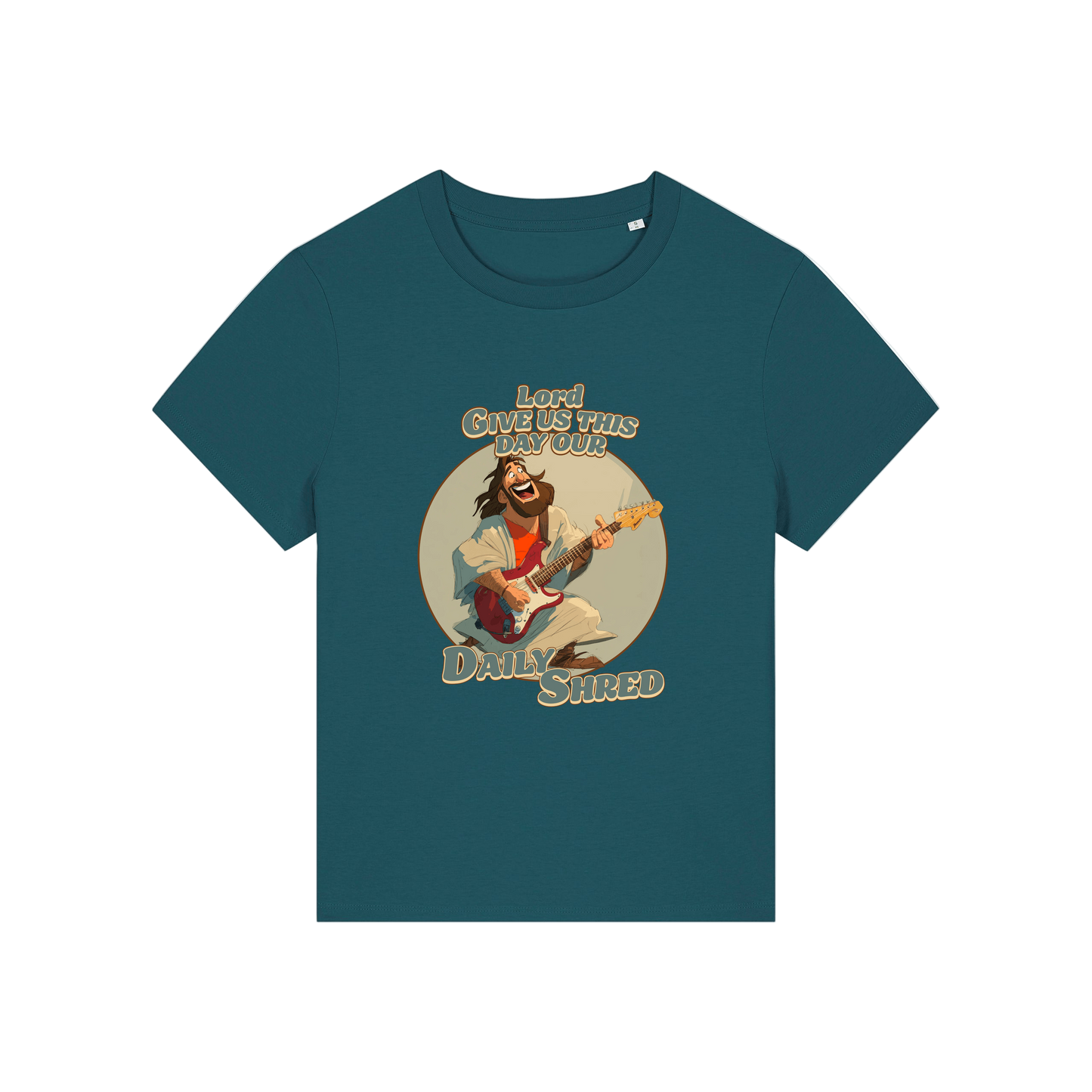 teal funny jesus t-shirt with the graphic of jesus playing a guitar and the slogan 'lord give us this day our daily shred'