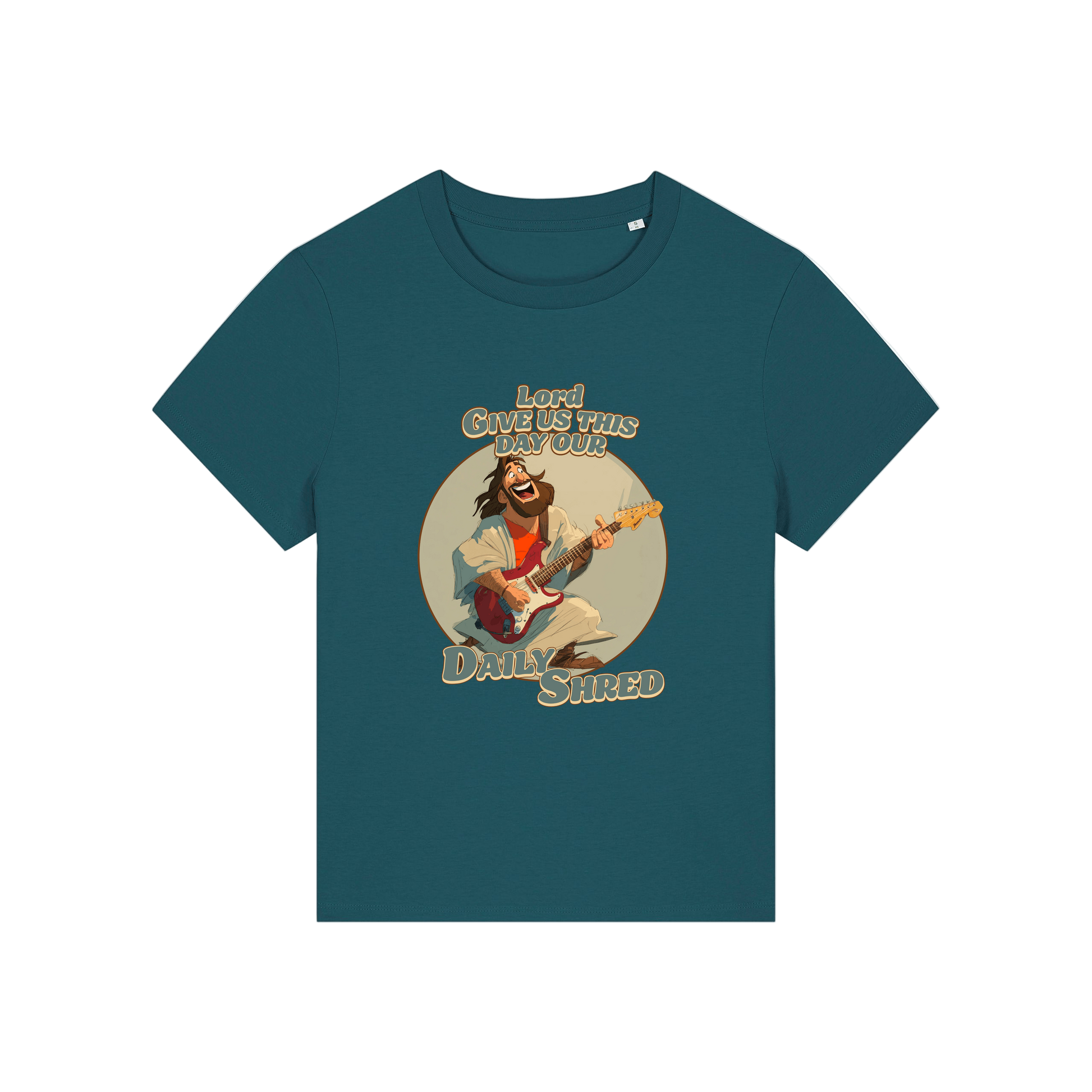 teal funny jesus t-shirt with the graphic of jesus playing a guitar and the slogan 'lord give us this day our daily shred'