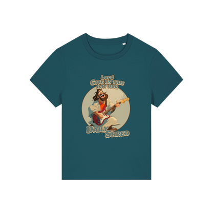 teal funny jesus t-shirt with the graphic of jesus playing a guitar and the slogan 'lord give us this day our daily shred'