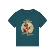 teal funny jesus t-shirt with the graphic of jesus playing a guitar and the slogan 'lord give us this day our daily shred'