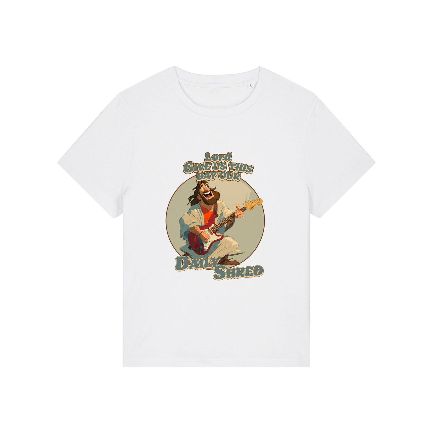 white funny jesus t-shirt with the graphic of jesus playing a guitar and the slogan 'lord give us this day our daily shred'
