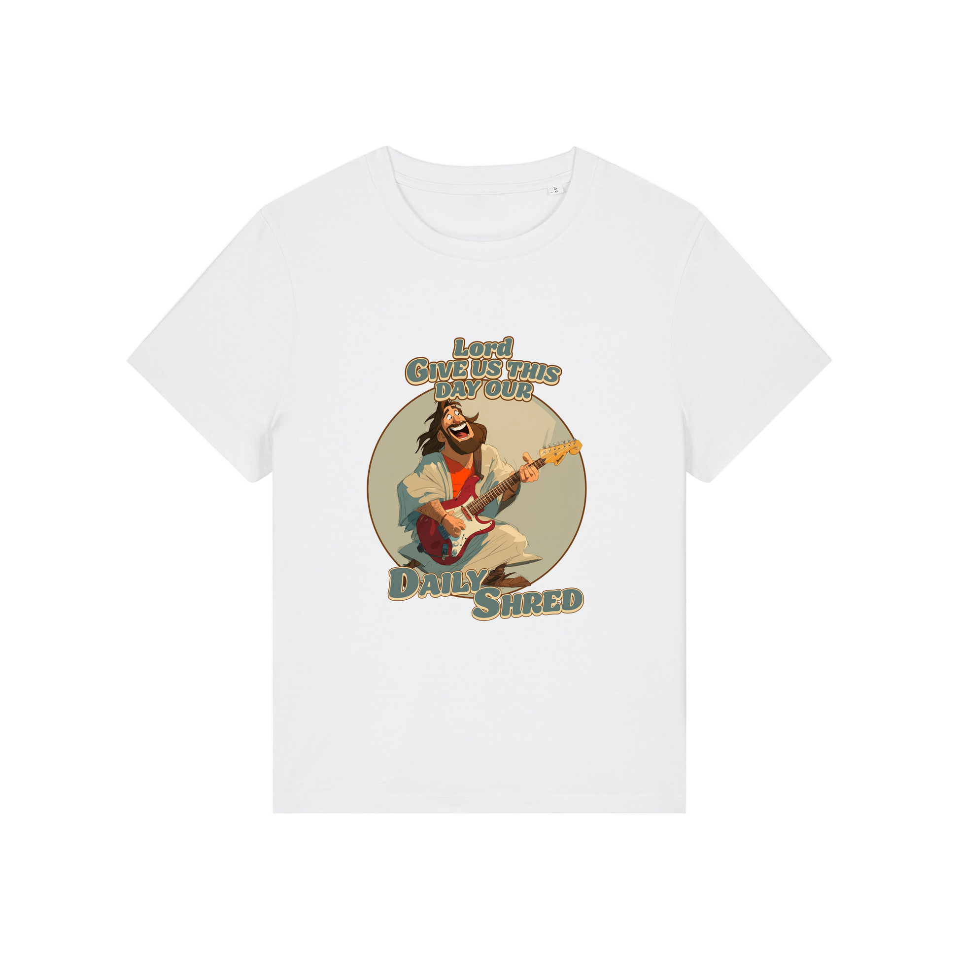 white funny jesus t-shirt with the graphic of jesus playing a guitar and the slogan 'lord give us this day our daily shred'