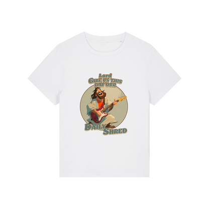 white funny jesus t-shirt with the graphic of jesus playing a guitar and the slogan 'lord give us this day our daily shred'
