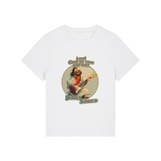 white funny jesus t-shirt with the graphic of jesus playing a guitar and the slogan 'lord give us this day our daily shred'